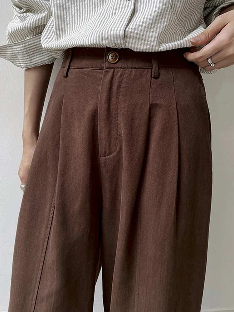 YERMORA, pantalones de pierna ancha informales con hebilla plisada de color café de cintura alta para mujer, pantalones nuevos sueltos, moda de tendencia, otoño 2025