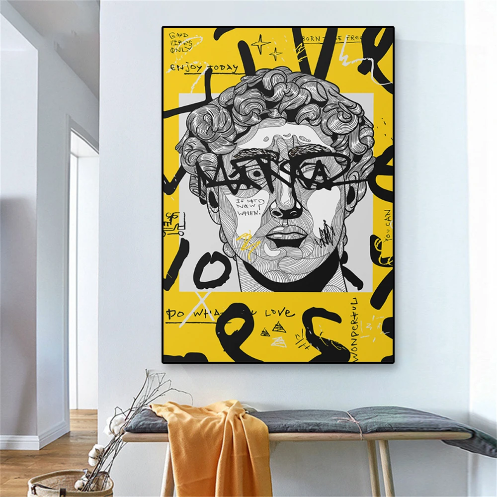 مايكل أنجلو ديفيد الكتابة على الجدران جدار الفن طباعة النحت المشارك لغرفة المعيشة جدار ديكور فني قماش اللوحة الأصفر ديفيد فن البوب
