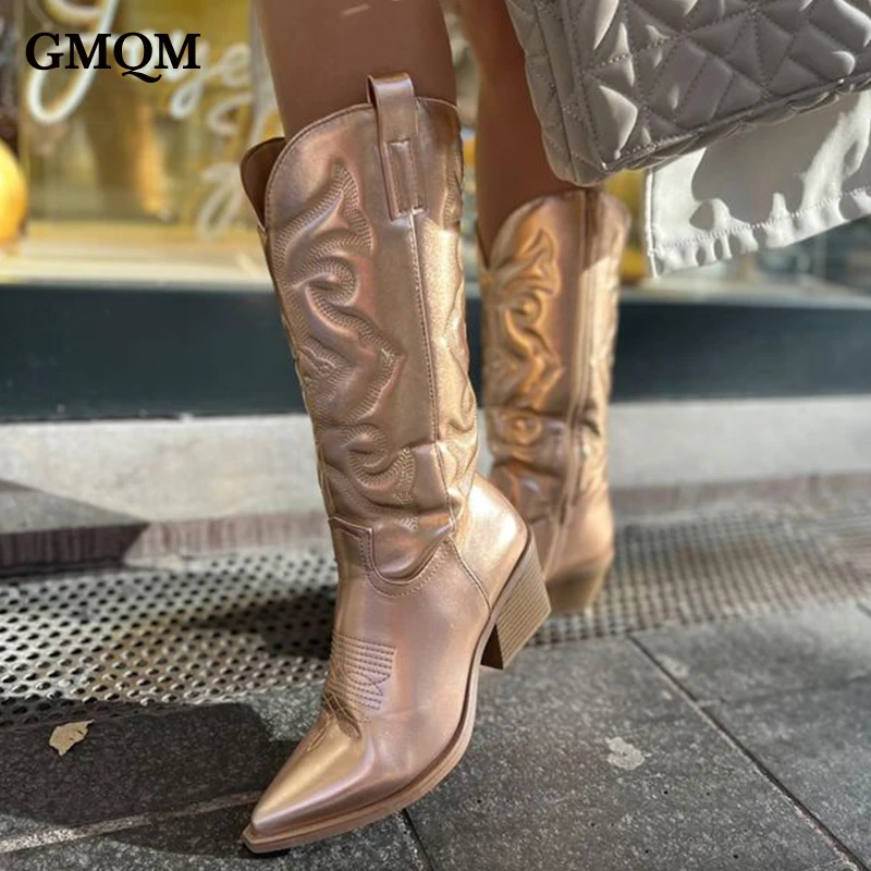 GMQM Brand Fashion Women Western Cowboy Boots Mid-Calf Boots Dropship Lady New 2022 Autumn Winter Metalic Sexy Pumps High Heels