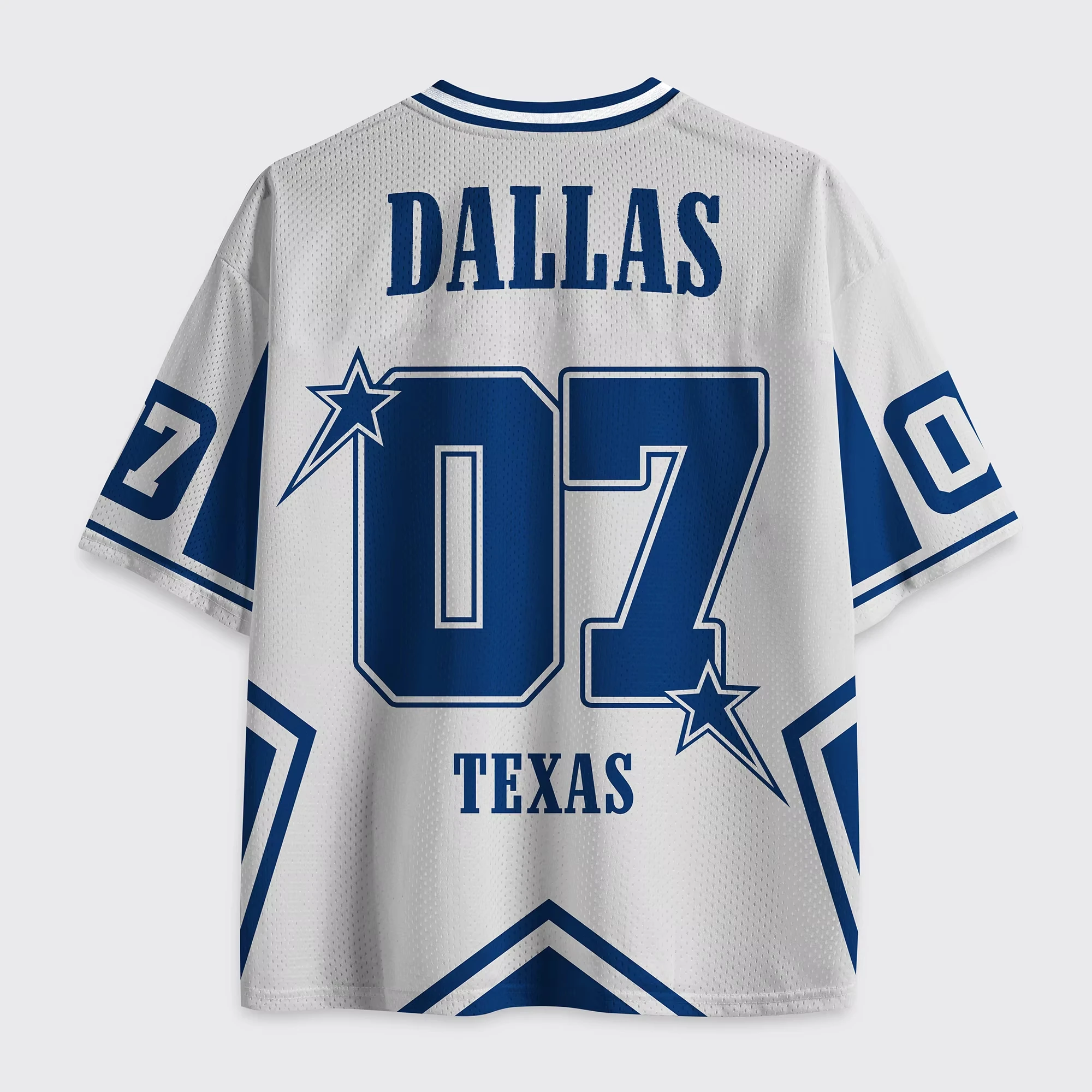 2026 Sommer Amerikanisches V-Ausschnitt Mesh-Jersey Blauer Stern Footballhelm Texas City Vorder- und Rückseite Nummer 07 Kurzarm-Sportshirt – Detail 6