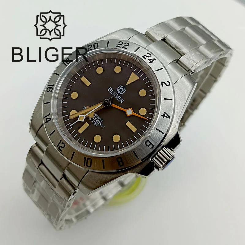 BLIGER 40mm GMT Men's Watch NH34 Mechanical Watch Orange Snowflake Black White Steel Strap Sapphire Glass No Date Glide Cloc