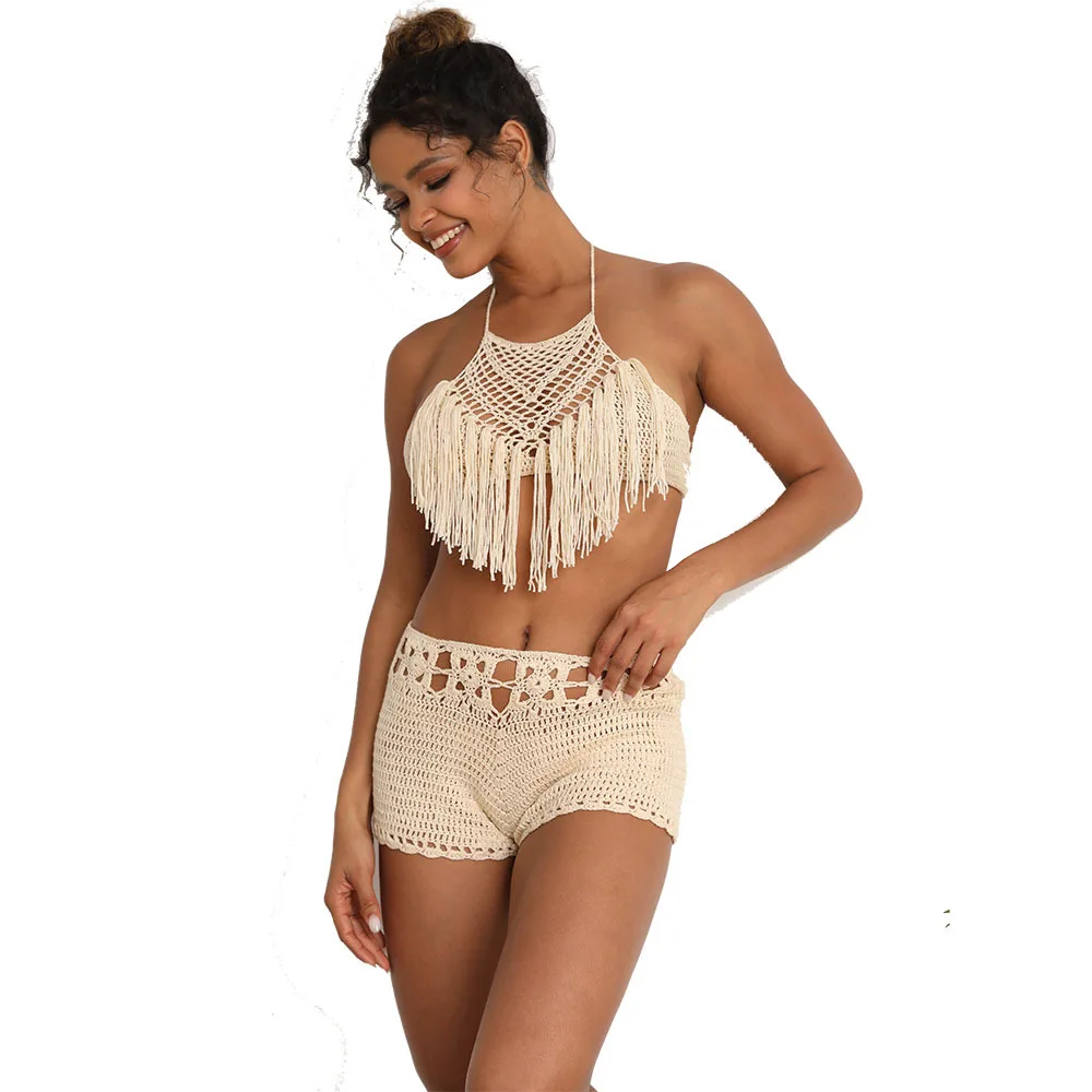 Tenues de plage pour femmes, paros de bain, couverture pour dames, crochet fait main, ensemble de bikini précieux, maillot de bain en polyester IQUE dex, solide, vacances