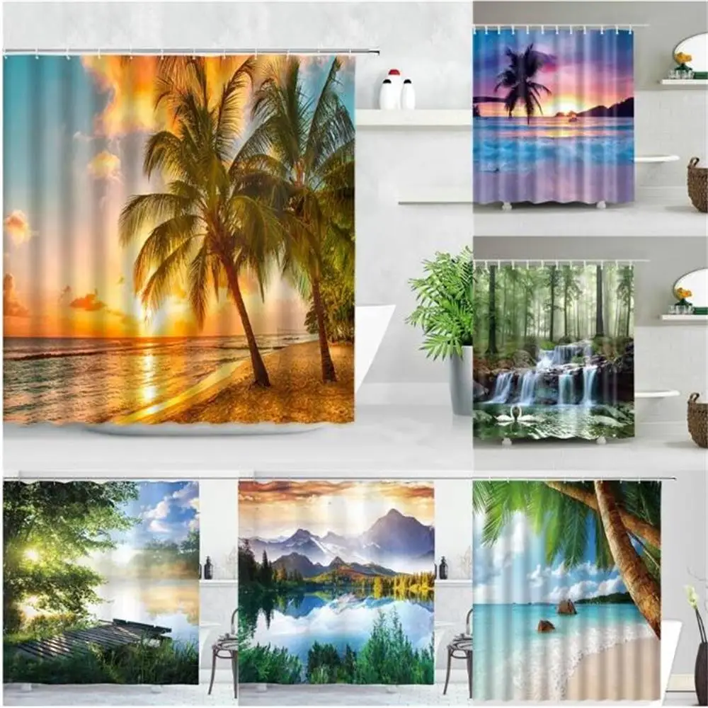 

Dusk Sunset Beach Shower Curtains 3D Print Tropical Ocean Palm Tree Sea Scenery Bathtub Screen Decor Waterproof Bathroom Curtain