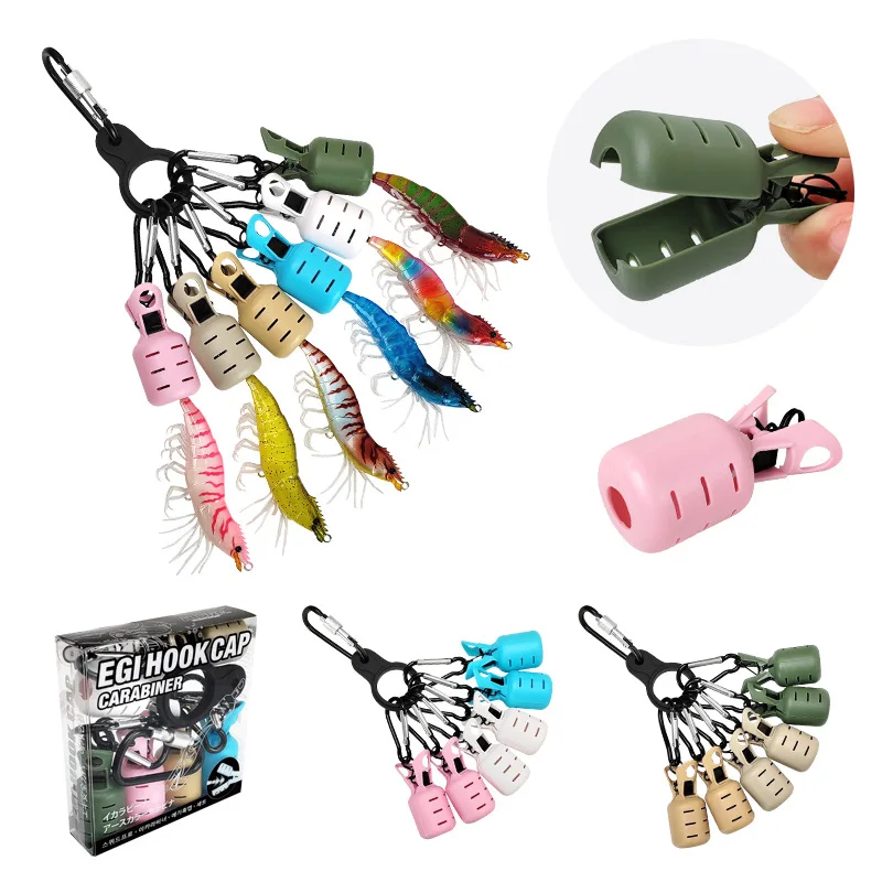 6pcs Squid Jig Bait Protector Kit Webfoot Octopus Egi Hooks Cover Cuttlefish Umbrella Lure Cap with Carabiner Fishing Tackle