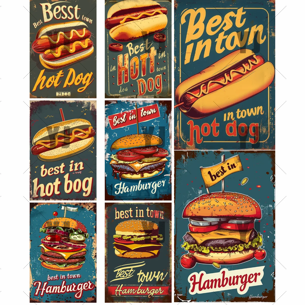 Retro Sign Fast Food Metal Iron Plate Hot Dog Burger Poster Kitchen Cafe Restaurant Decorative Wall