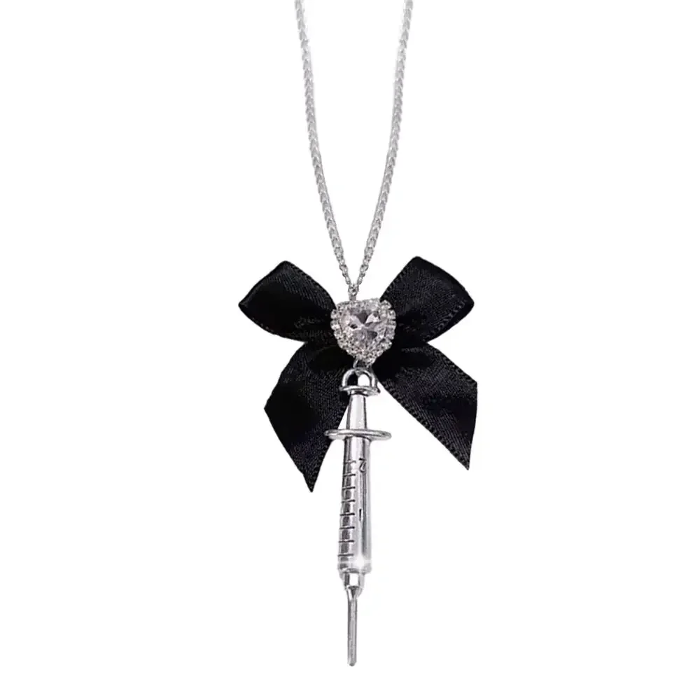 Fashion Love Heart Bowknot Metal Syringe Shape Pendant Necklace for Women Dark Lolita Cool Trend Jewelry Gothic Accessories