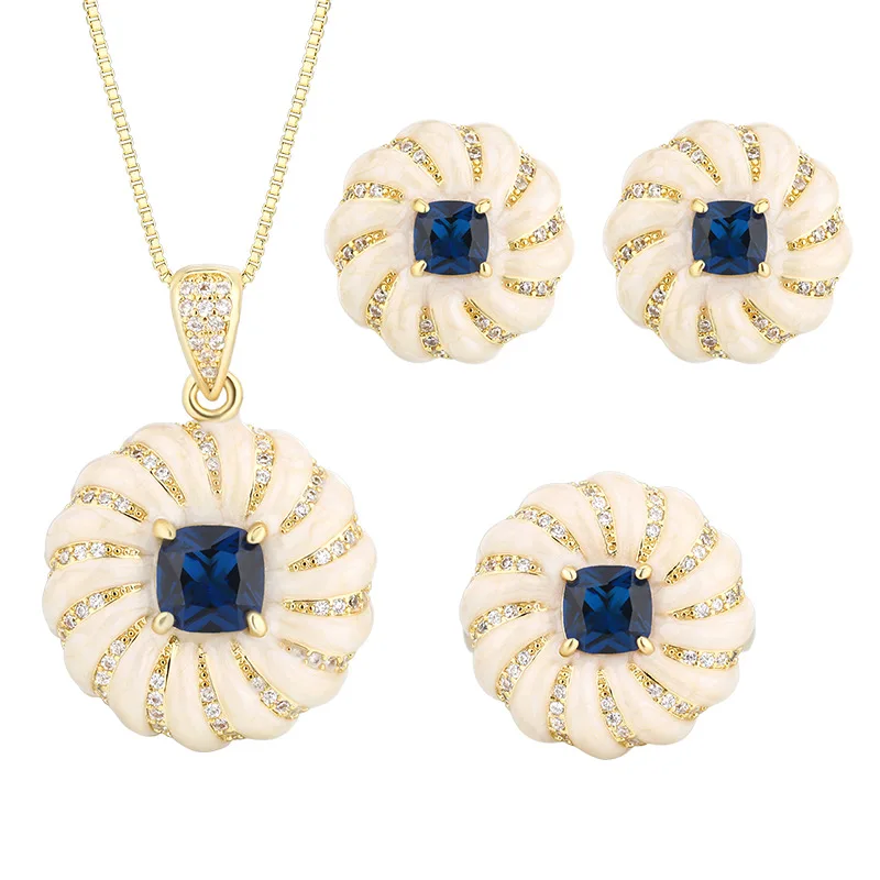 

SENYU Elegant Windmill Shap Enamel Jewelry Set Pave Sapphire Blue Zircon Premium Gold Plated Necklace, Earrings&Ring Collection