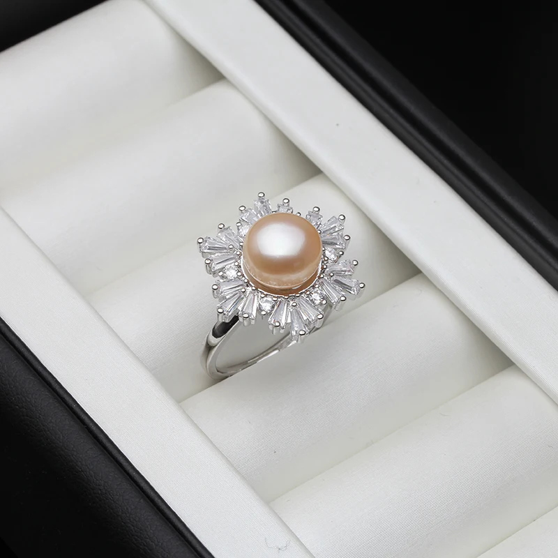 Wedding Real 925 Silver Pearl Leaf Ring Adjustable White Freshwater Pearl Ring Female Engagement Gift