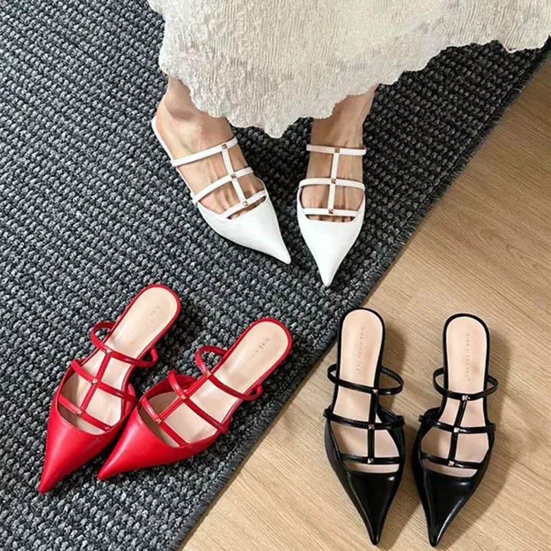 

Pointed Toe Mule Slippers Women Pumps Fashion Narrow Band Low Heels Banquet Party Shoes Rivet Ladies Slides Sexy Shoes for Women