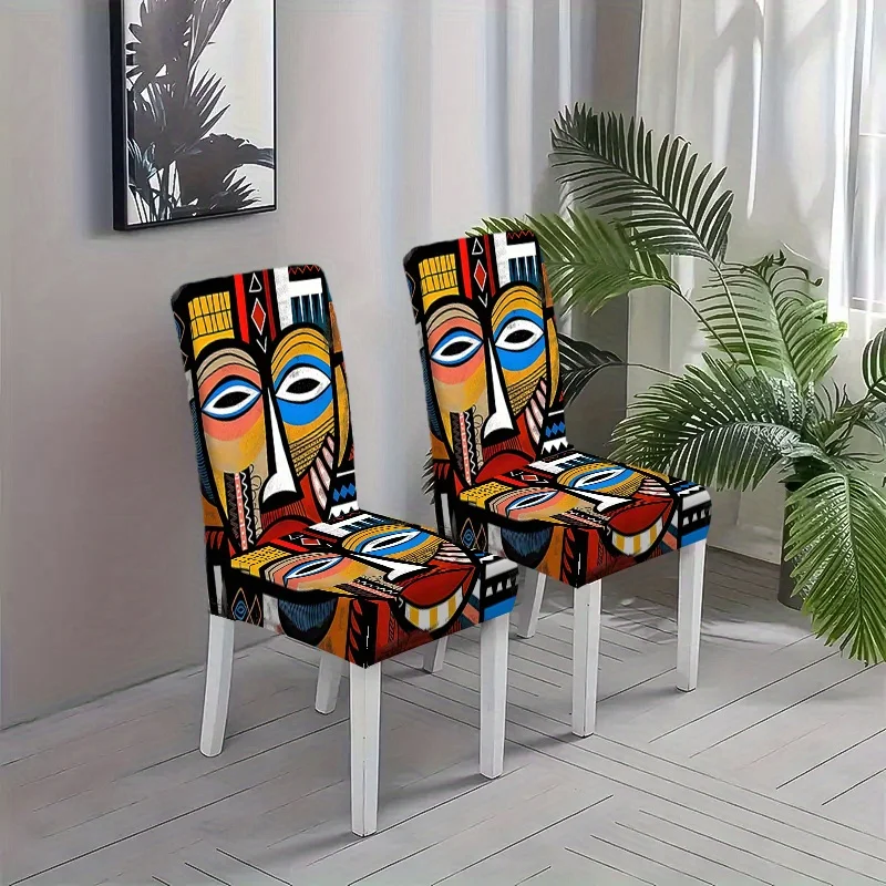 2/4/6pcs Vibrant African Tribal Mask Print Stretch Dining Chair Cover – Removable Washable Boho Ethnic Slipcover
