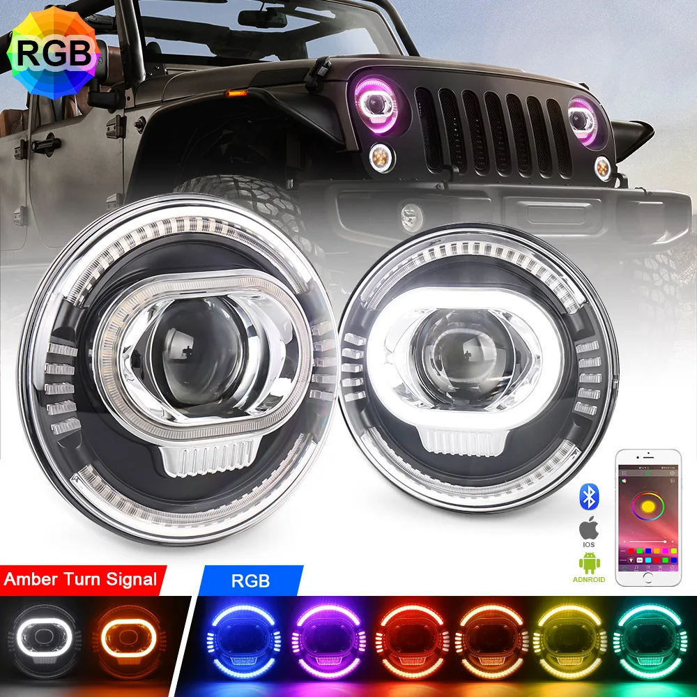 RGB Halo 7'' Round Headlights with Amber Turn Signal Light White DRL 7 Inch Lamps Compatible-Jeep-Wrangler JK TJ LJ 1997-2017