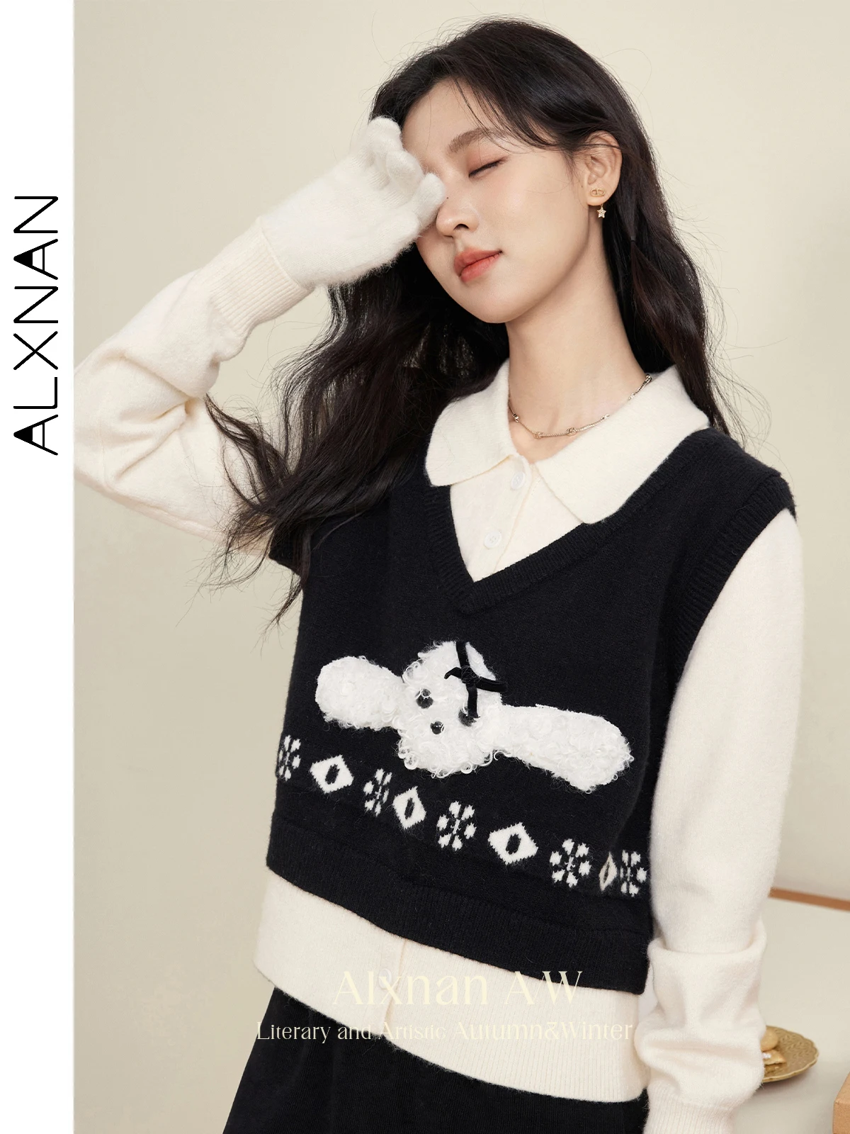 

ALXNAN 2 in 1 Patchwork Sweaters for Women Polo Collar Plush Puppy Pattern Velvet Bow Jumper 2024 Autumn Winter Pullovers L51311