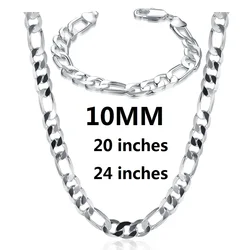 New luxury 925 Sterling silver classic 10MM Figaro Chain bracelets neckalces jewelry set for man women fashion party Accessories