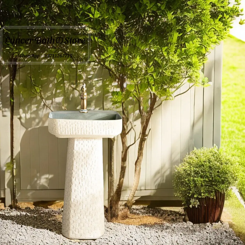 Garden Yard Art Stone Pedestal Sink, One Piece Column Wash Basin for Outdoor, Courtyard, Balcony, Hand Wash Station