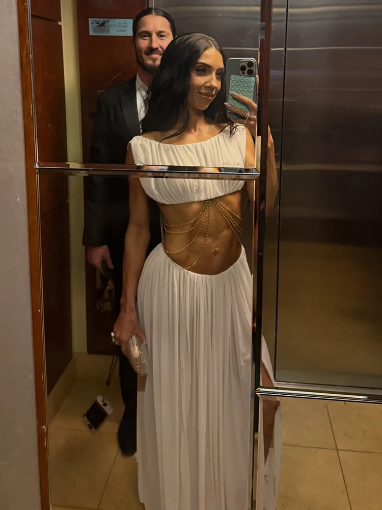 

Комплект из 2 предметов: топ без спинки с жемчужной цепочкой и длинная юбка с рюшами, элегантный наряд для вечеринок и торжеств