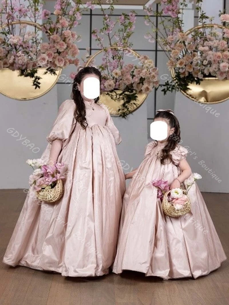 Pink Flower Girl Dress for Wedding Toddlers High Waist Balloon Sleeve Pageant Dress Customized Kids Birthday Party Ball Gown