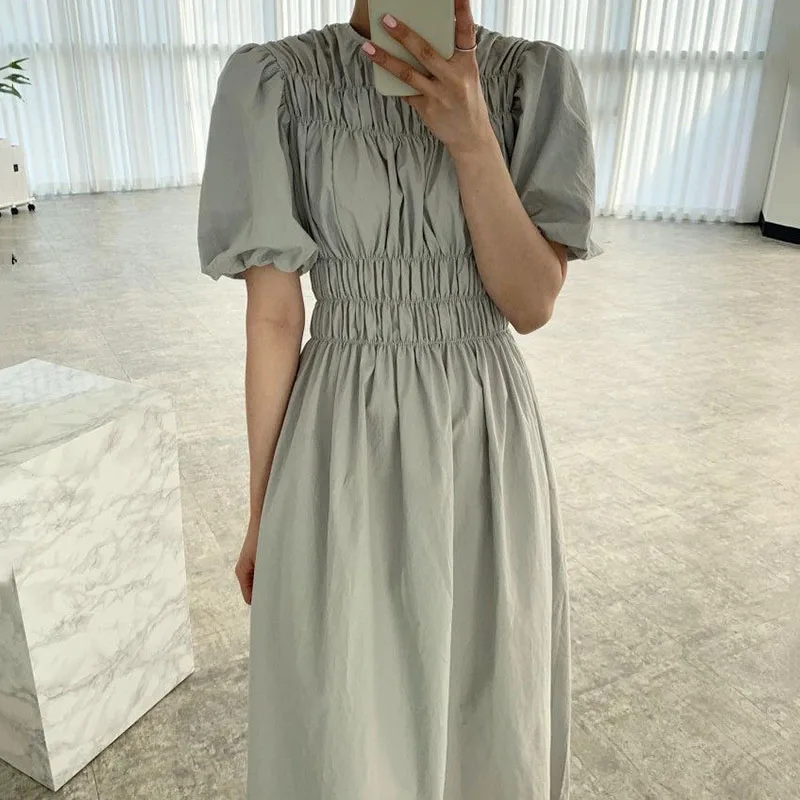 Korobov 2022 New Arrival Korean Chic O Neck Women Dress Vintage Elegant Summer Vestidos Sweet A-Line Puff Sleeve Female Dress