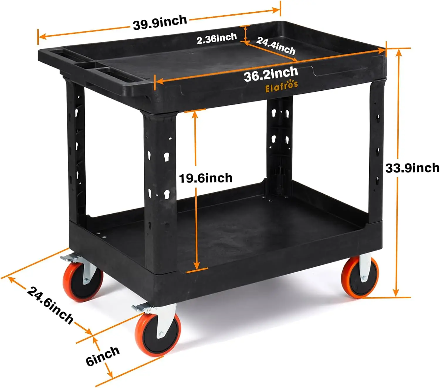 fros Extra Large Heavy Duty Utility Cart 39.9 X 24.6 Inch - Work Cart Big 2-Tier Plastic Rolling Service Cart With Deep