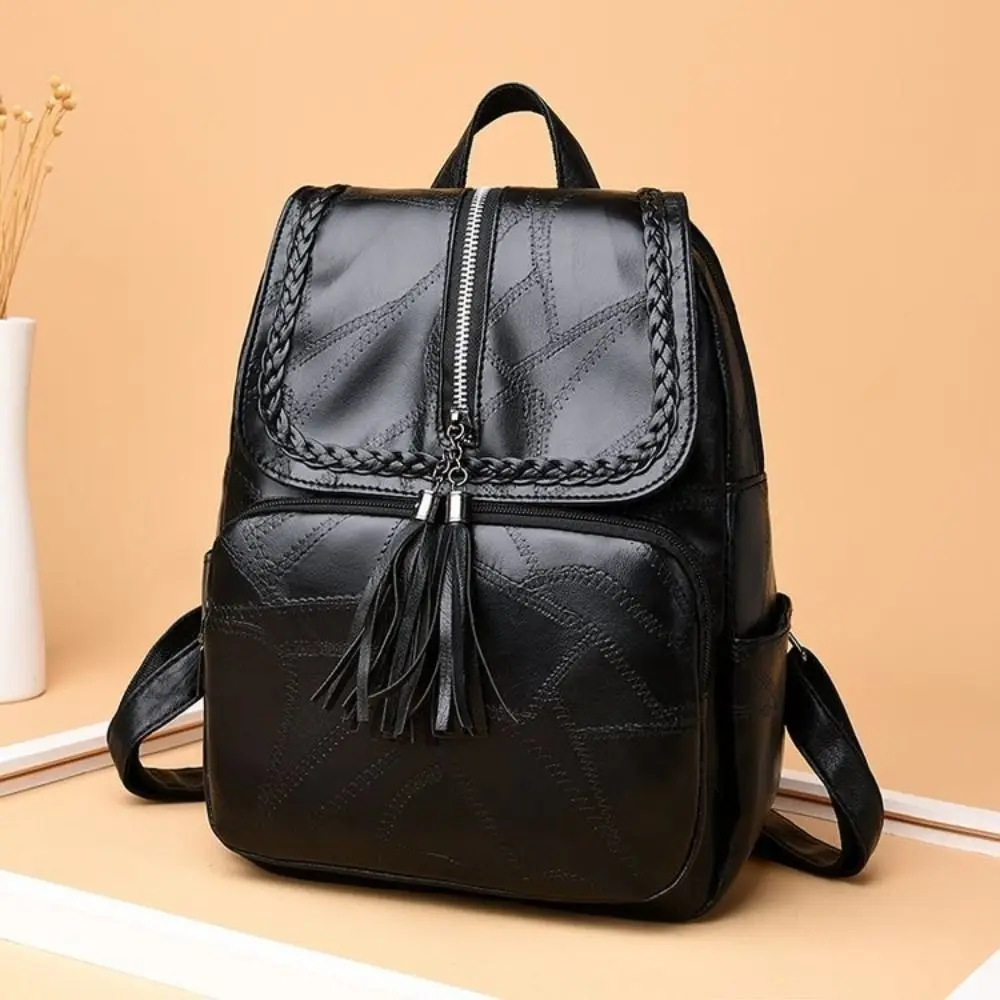 

Portable PU PU Mom Backpack Small Pack Tassel Zipper Solid Color Shoulder Bag Handbag Korean Style Retro Backpack Gift