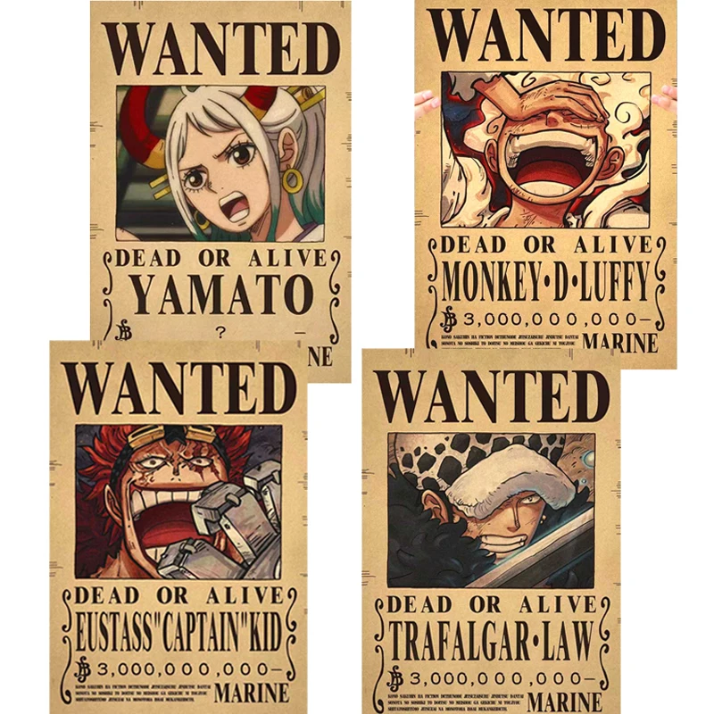 New Anime One Piece Luffy 3 Billion Bounty Wanted Posters Four Emperors Kid Action Figures Vintage Wall Decoration Poster Toys