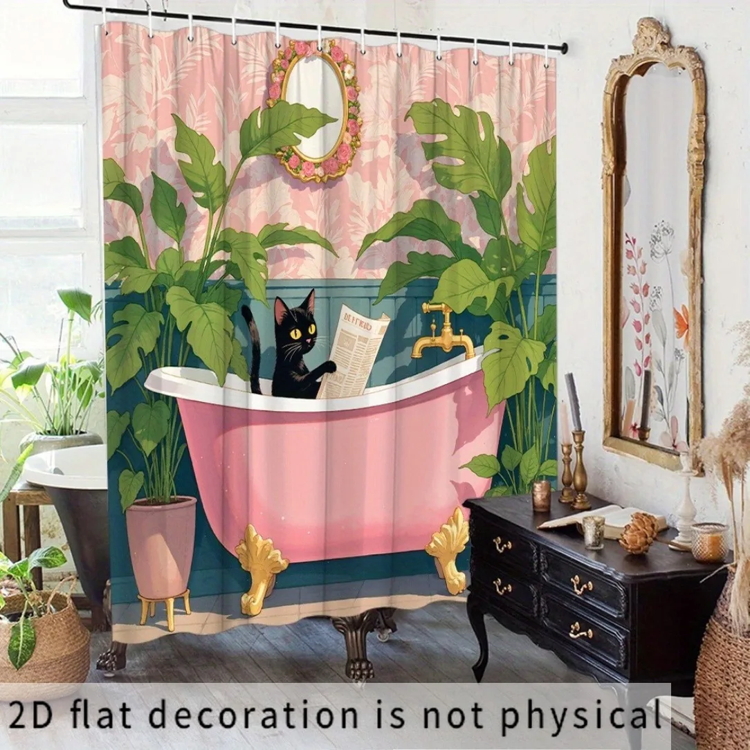 Tropical Botanical Cat Shower Curtain Jungle Bathroom Decor Claw Tub Leaves Waterproof Polyester Curtain for Master Bath Home
