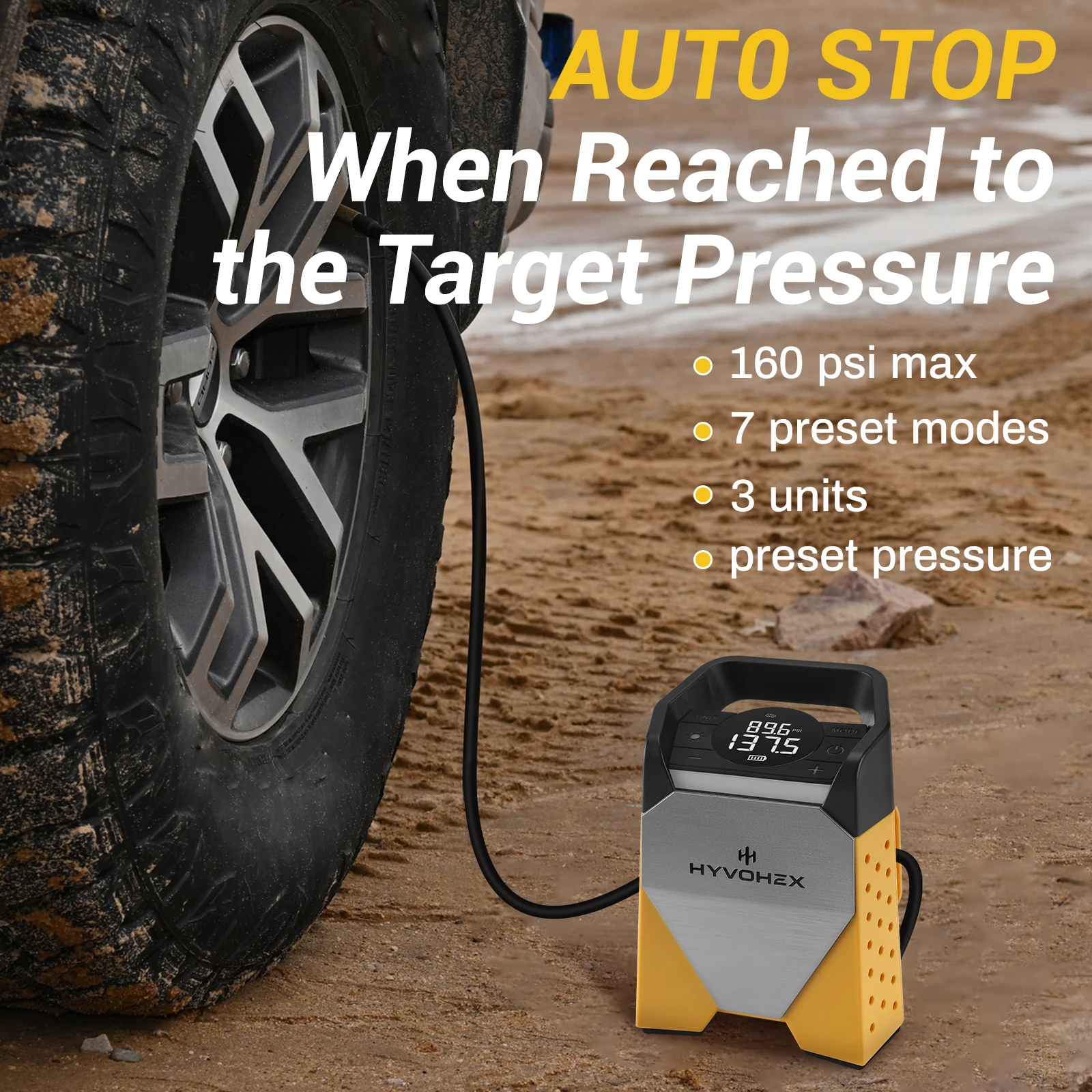 HYVOHEX T5 Portable Air Compressor 100% Duty Cycle Car Tire Inflator 7800mAh Wireless Air Pump for Motorcycle Bicycle Truck Ball