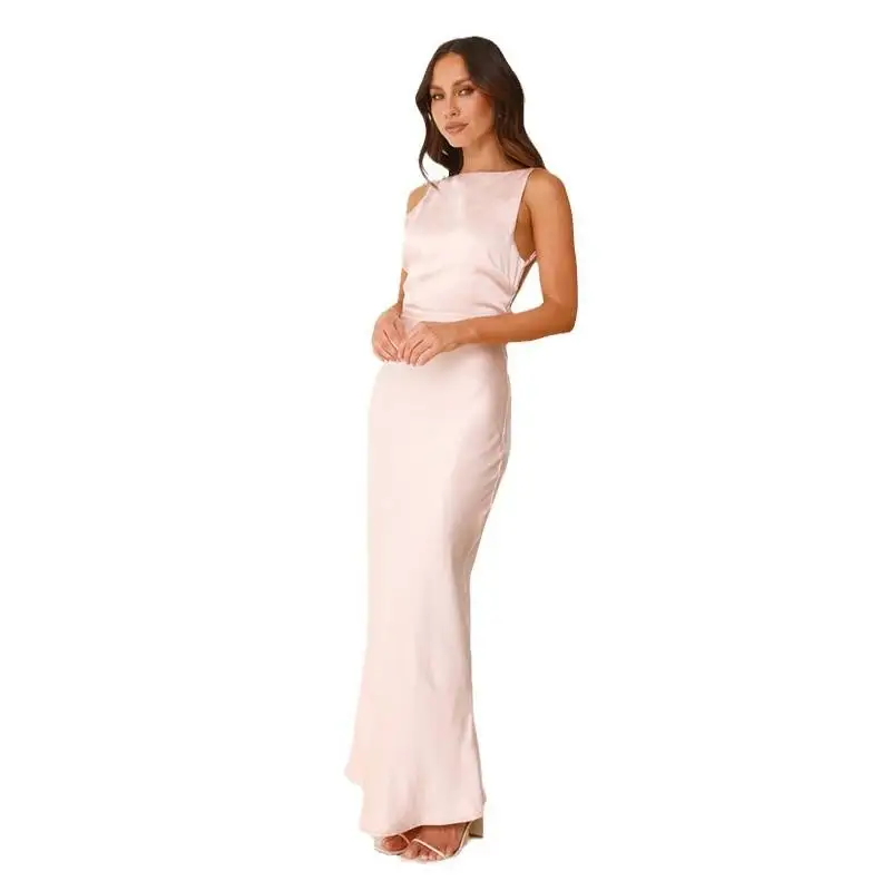 2025 Summer Women's Long Fi Tail Dr Pure Color Satin Sexy Bal Strapl Dr Gown Sle mid Waist Polyester