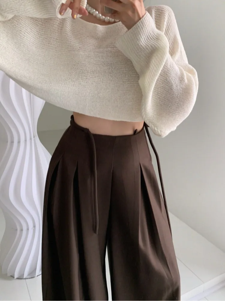 Pantaloni casual dal design Dstring a vita alta chic Pantaloni versatili lunghi fino al pavimento pieghettati per le giovani donne pendolari