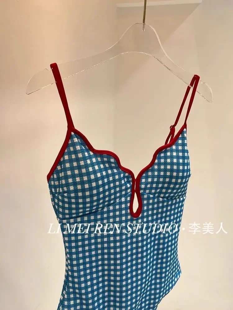 Korean Blue Plaid Women Swimsuit Summer High Waisted Beachwear Bikini Set with Long Sleeve Cover-ups 2pcs Bathing Suit Swimwear