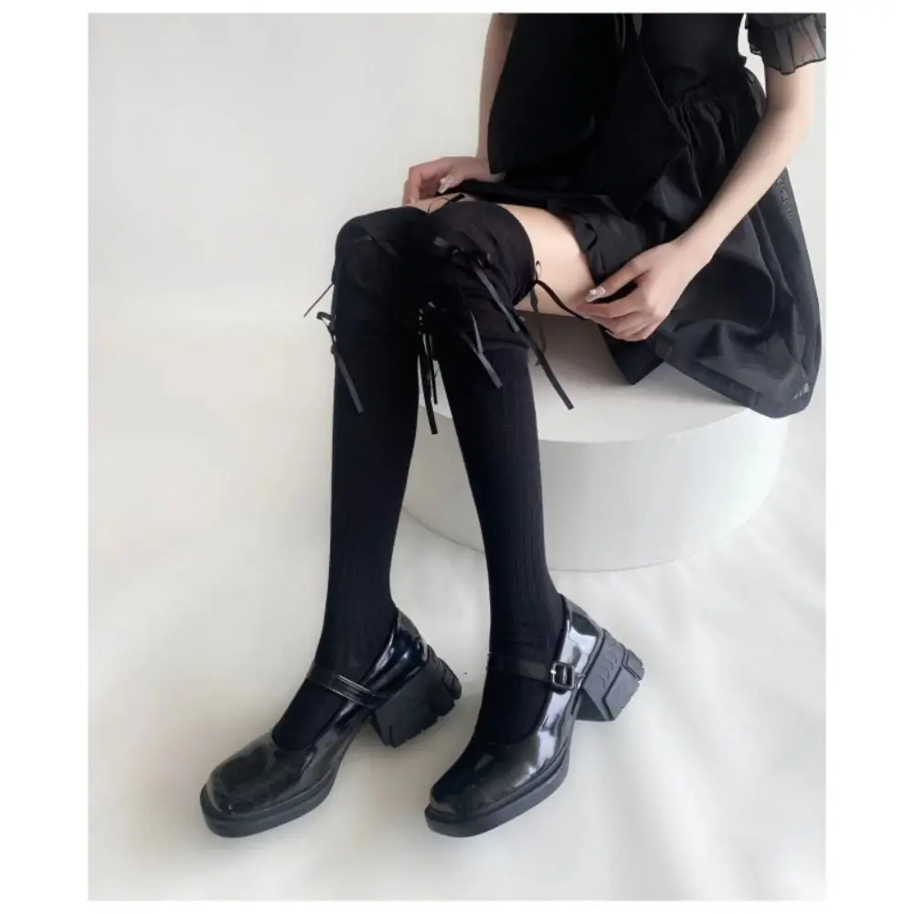 1Pair Y2K Cotton Knee-high Socks Solid Color Bow Calf Socks Japanese Style Sweat-absorbent Stacked Socks Girl