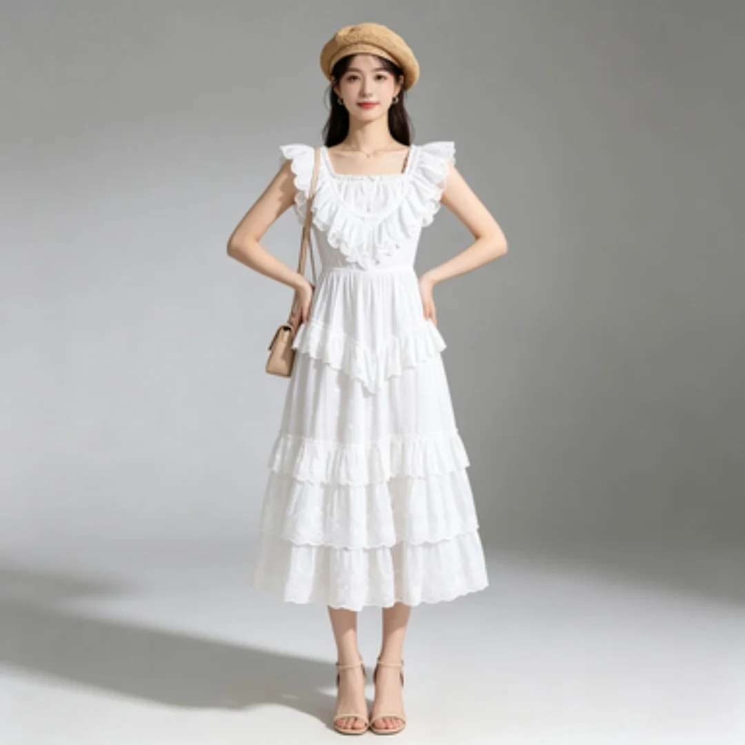 Women Lace Ruffle Layered Maxi Dress