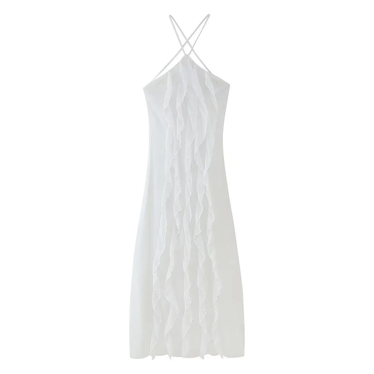 

ZBZA Women's Sexy hollow midi dress Lace-up backless spaghetti strap solid color high waist ruffle dress spring summer Chic top