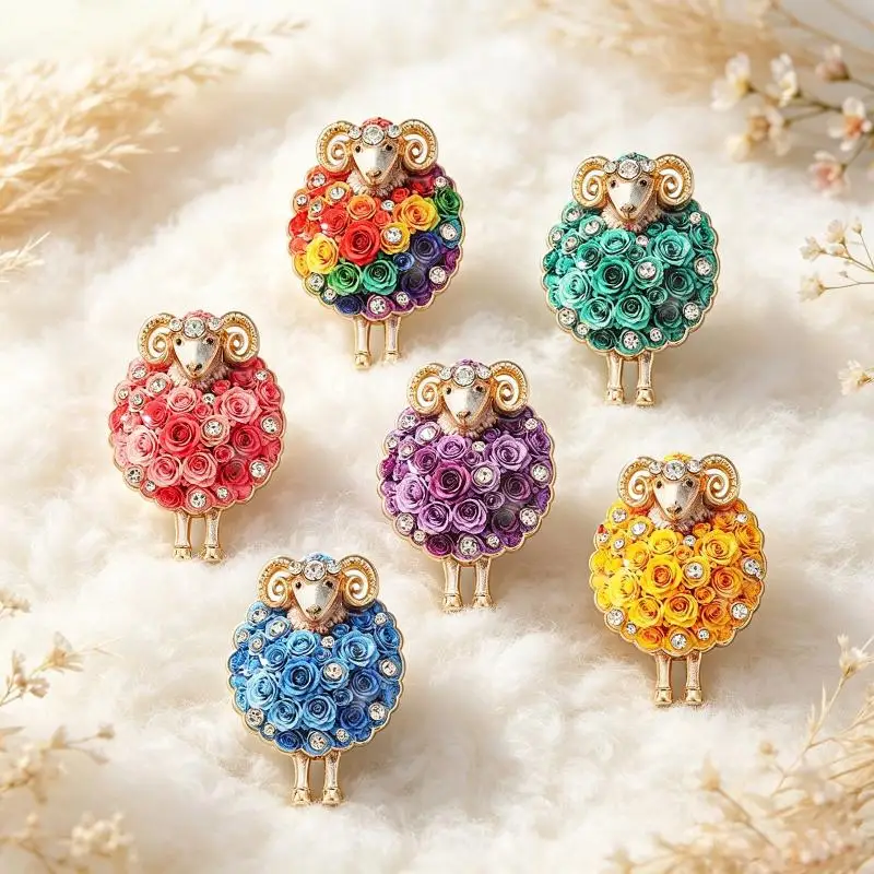 § 1Pcs Lovely Flower Sheep Brooches For Women Unisex 6-color Rhinestone Year Of The Sheep Animal Party Office Brooch Pin Gift