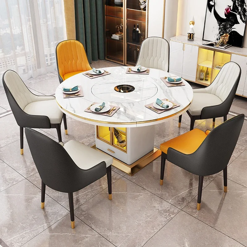 Multifunctional round table with induction cooker embedded turntable household dining table