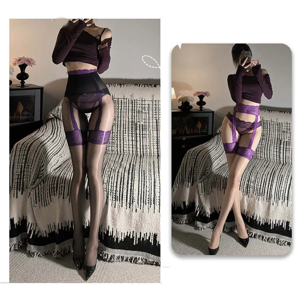

Elegant Women's Transparent Lingerie Stockings Comfortable Camisole Pants with Long Pantyhose for Home and Hotel