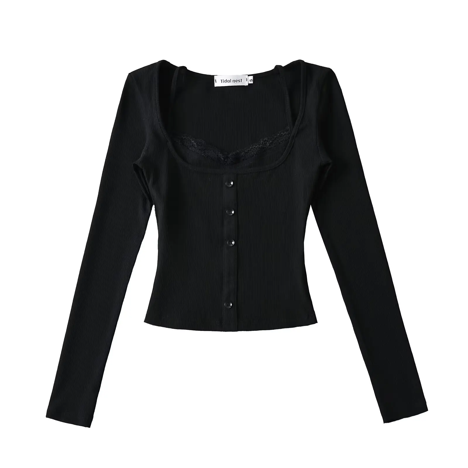 Doce coração caça renda guarnição cinta emenda ort sle longo sve fino botão decoração base irt topo rua sle gola quadrada