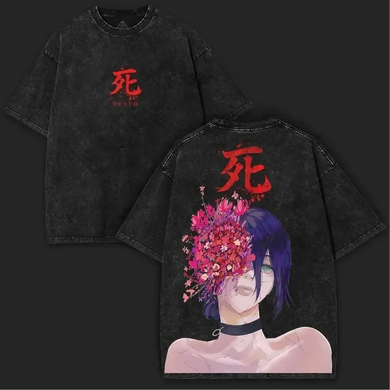 

Vintage Y2k Street Washed Oversized T-shirt Chainsaw Man Reze Movie Printed Tee Women Men Casual Cotton T-shirts Unisex
