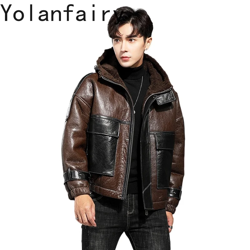 YOLANFAIRY Natural Sheepskin Jacket Mens Real Fur Coat Winter Clothes Leather Jacket with Hood Fleece Jacket Men Бомбер 2024