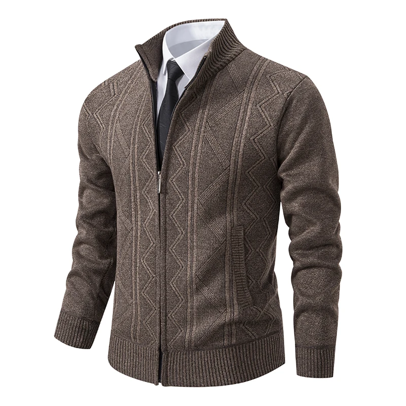 Men\'s Warm Fleece Cardigan Full Zip Velvet Sweater Men\'s Clothes Striped Brown Knitwear Fashion Knitted Jacket Mens Sweater Coat