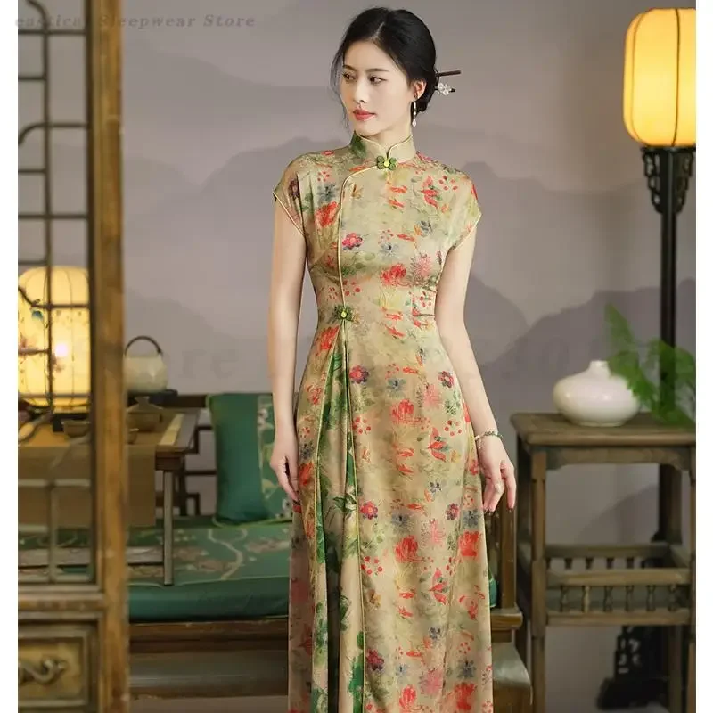 

Модное платье трапециевидной формы Ao Dai, женское платье с цветочным принтом, новый улучшенный китайский стиль, Qipao, Vestidos, большой размер 4XL, длинное платье Cheongsam