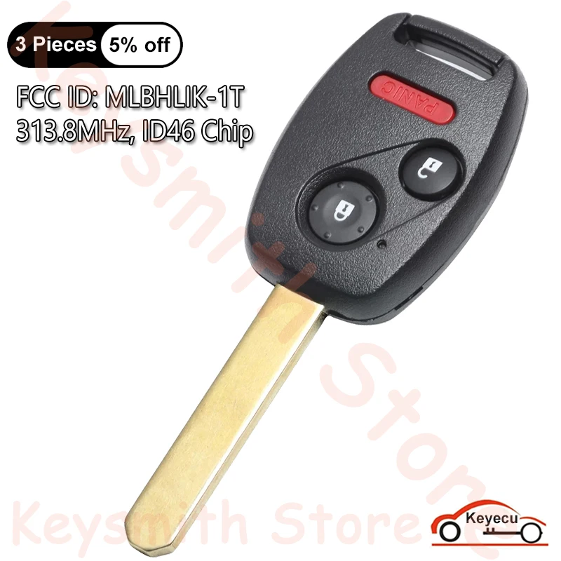 

KEYECU 2+1 3 Buttons 313.8MHz ID46 Chip for Honda CR-Z CR-V Fit Insight Accord Crosstour Auto Remote Control Key Fob MLBHLIK-1T