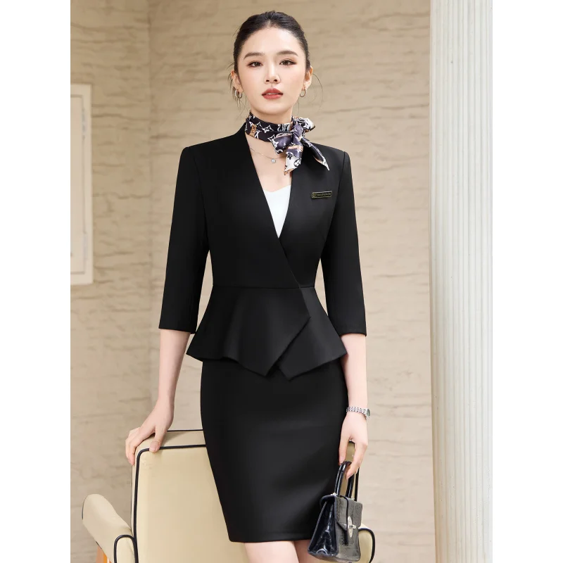 

Женский костюм без воротника с рукавами три четверти, темно-синий, с завышенной талией, для официальных мероприятий, премиум-класса, профессиональный стиль.