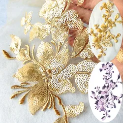 1Pc Colorful Sequin Magnolia Flower Style Embroidery Patch Sew On Clothing Embroidered Appliques 28*15cm For Dress Fabric Decor