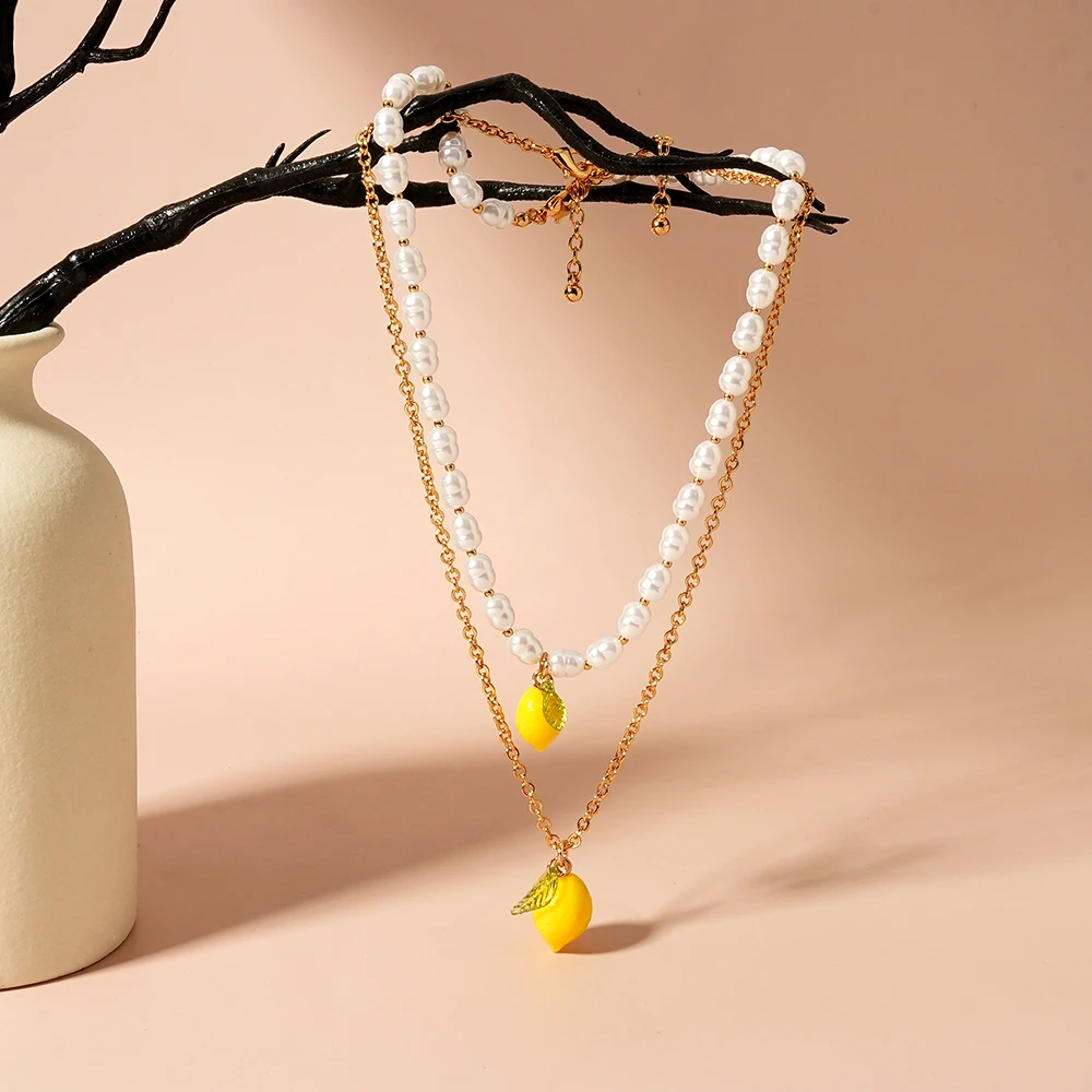 

Yellow Lemon Charm Pearl Stacked Necklaces For Women Summer Pastoral Beaded Cute Funny Creative Jewelry Y2K ﻿
