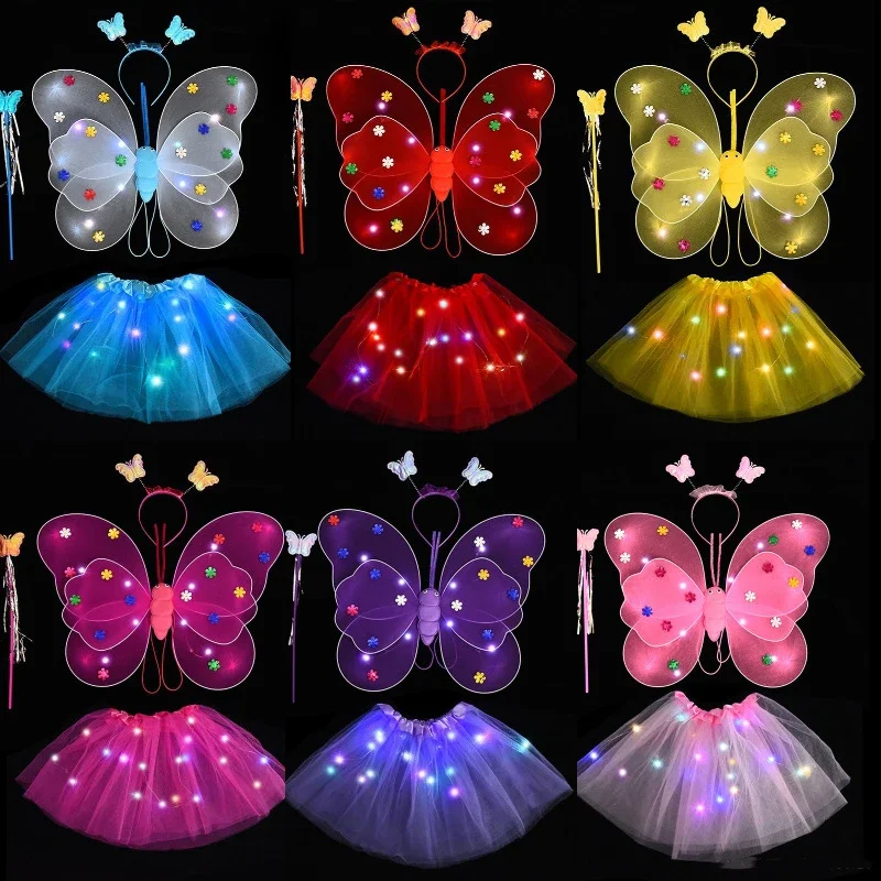 Butterfly Sequin Wings Glowing Mesh Tutu Skirt Glow Party Girls One 1st 2nd Birthday Party Dress Up Little Fairy Baby Shower