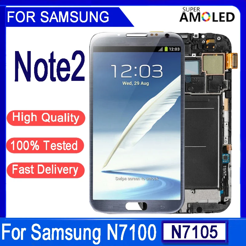 Super Amoled LCD Touch Screen digitalizador com moldura, montagem para Samsung Nota 2, N7100, N7105, 5.5"