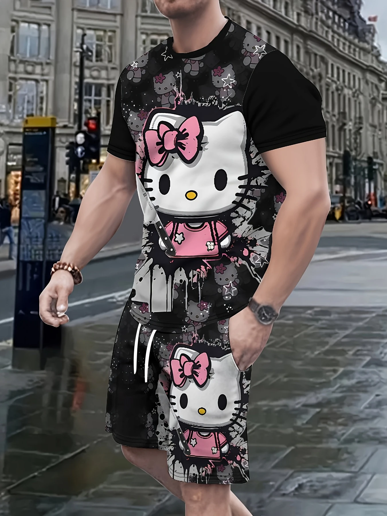 

Cute Cartoon Hello Kitty Printed Men's Suit Casual Short Sleeve T-Shirt Shorts Fashion Unisex Couple Suit Y2k Clothes Tracksuit