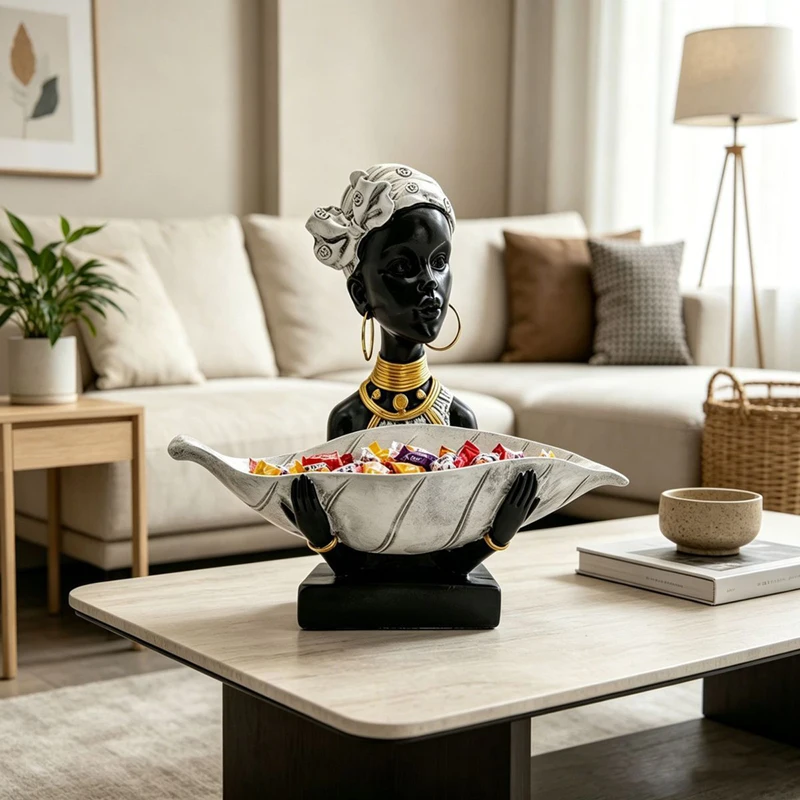 African Woman Bust Storage Tray Resin Statue Black Gold Leaf Jewelry Key Holder Modern Luxury Entryway Tabletop Decor Ornament - view 4