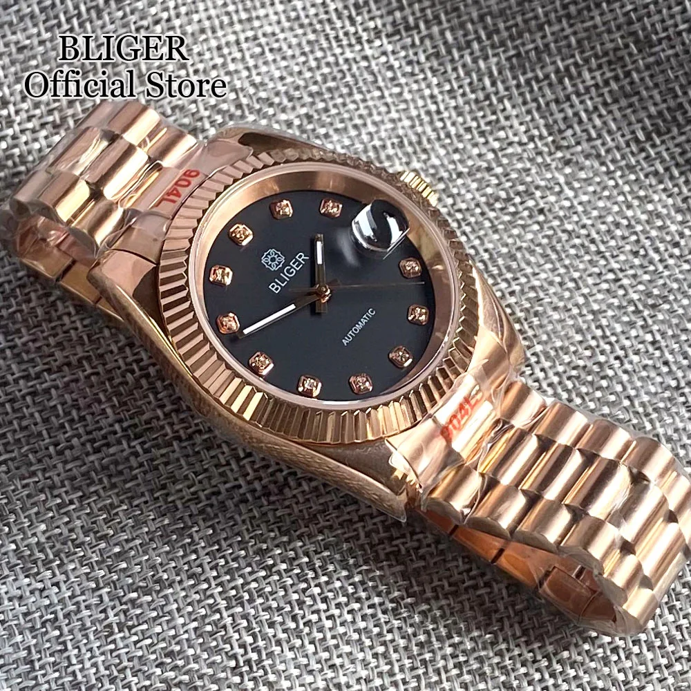 BLIGER 36mm 39mm NH35A Black Dial Diamond Index Automatic Mens Watch Sapphire Glass Rose Gold Fluted Bezel Steel Bracelet