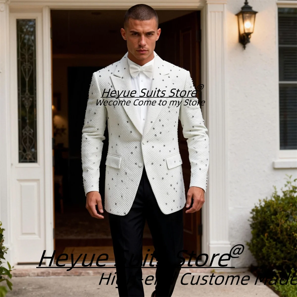 

High-end White Men Suits Customized Shiny Diamond Groom Wedding Tuxedos Male Party Blazers 2 Pieces Sets Formal Costume Homme